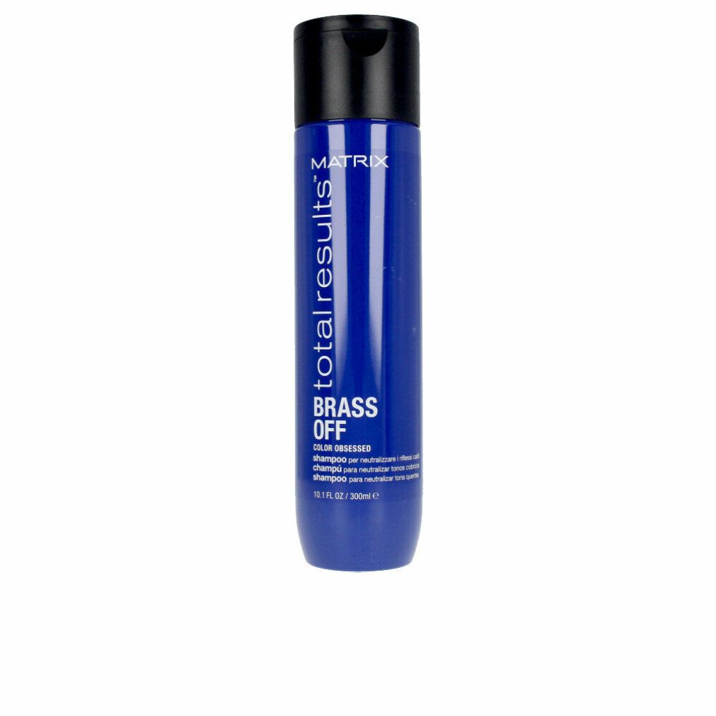 Blaue Shampoo-Flasche mit schwarzem Deckel. Aufschrift: Matrix Total Results Brass Off. 300ml.