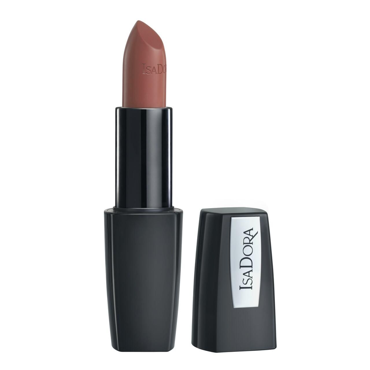Lippenstift mit geöffneter schwarzer Hülle. Der Lippenstift ist hellbraun. IsaDora-Logo auf der Kappe.