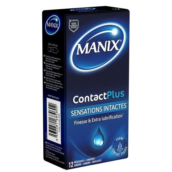 Verpackung mit Kondomen. Marke MANIX, Produktname ContactPlus Sensations Intactes. 12 Stück.