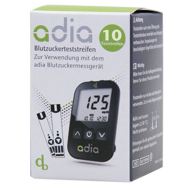 Verpackung mit adia Blutzuckerteststreifen und Blutzuckermessgerät. Aufschrift: 10 Teststreifen, CE-Zeichen.