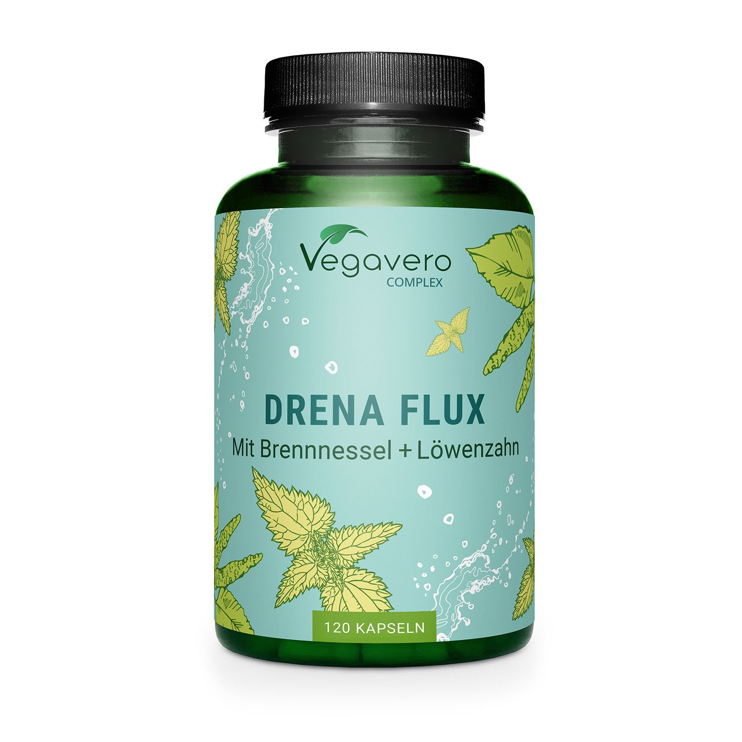 Flacone verde con tappo nero. Scritta: Drena Flux, 120 capsule. Marchio: Vegavero.