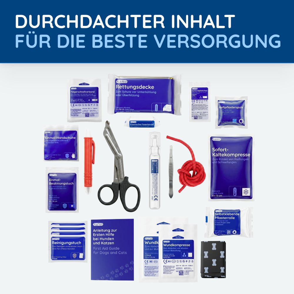 Verschiedene medizinische Artikel, darunter Verbandszeug, Schere, und Anleitung. Text: Durchdachter Inhalt für beste Versorgung.