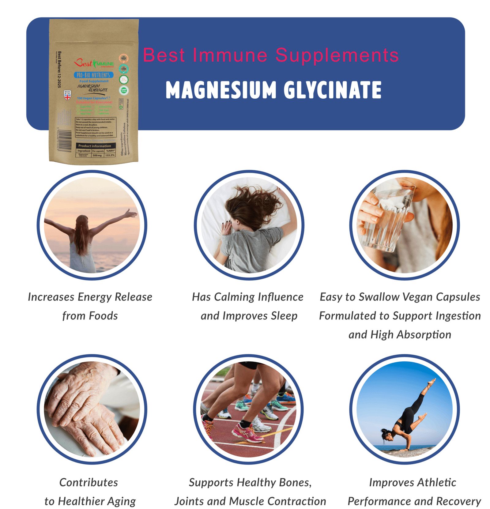 Best Immune Natürliches Magnesiumglycinat 500mg 100