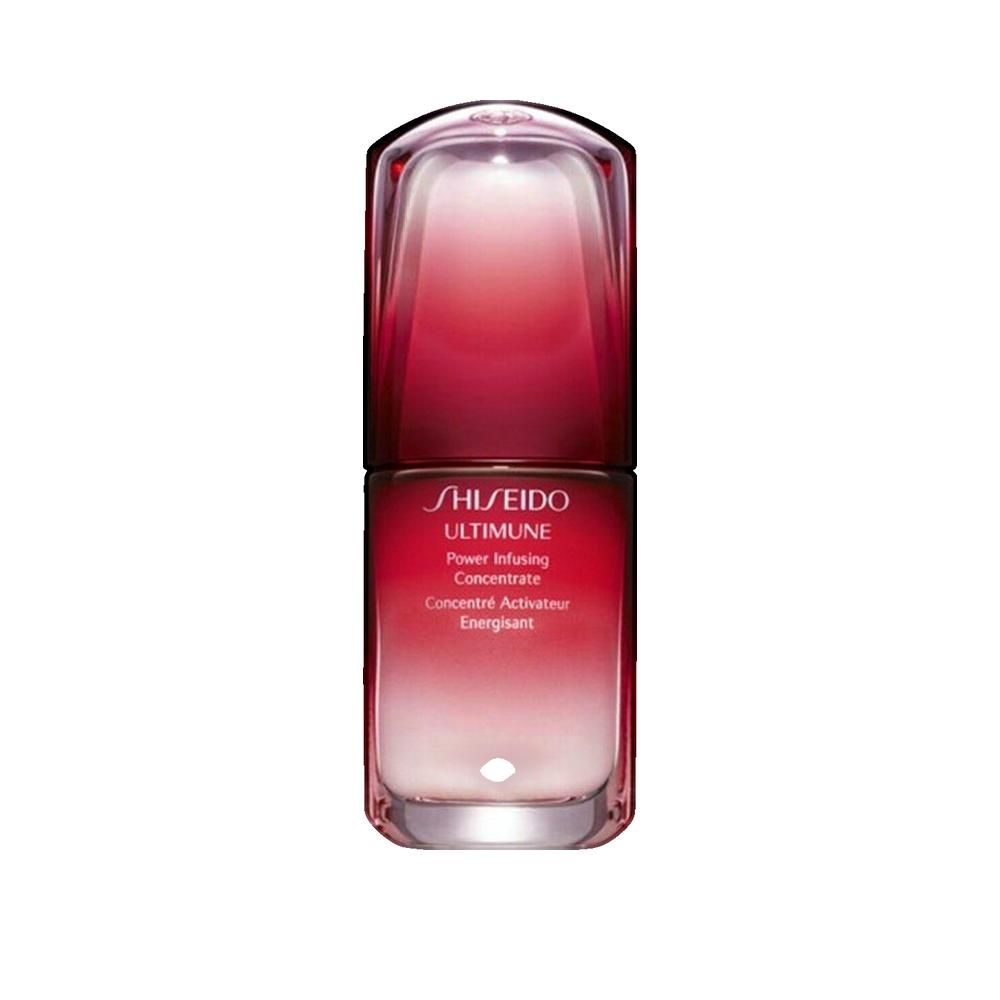 Shiseido Ultimune Serum, Flasche. Rot-weißes Design. Schriftzug: Ultimune Power Infusing Concentrate.