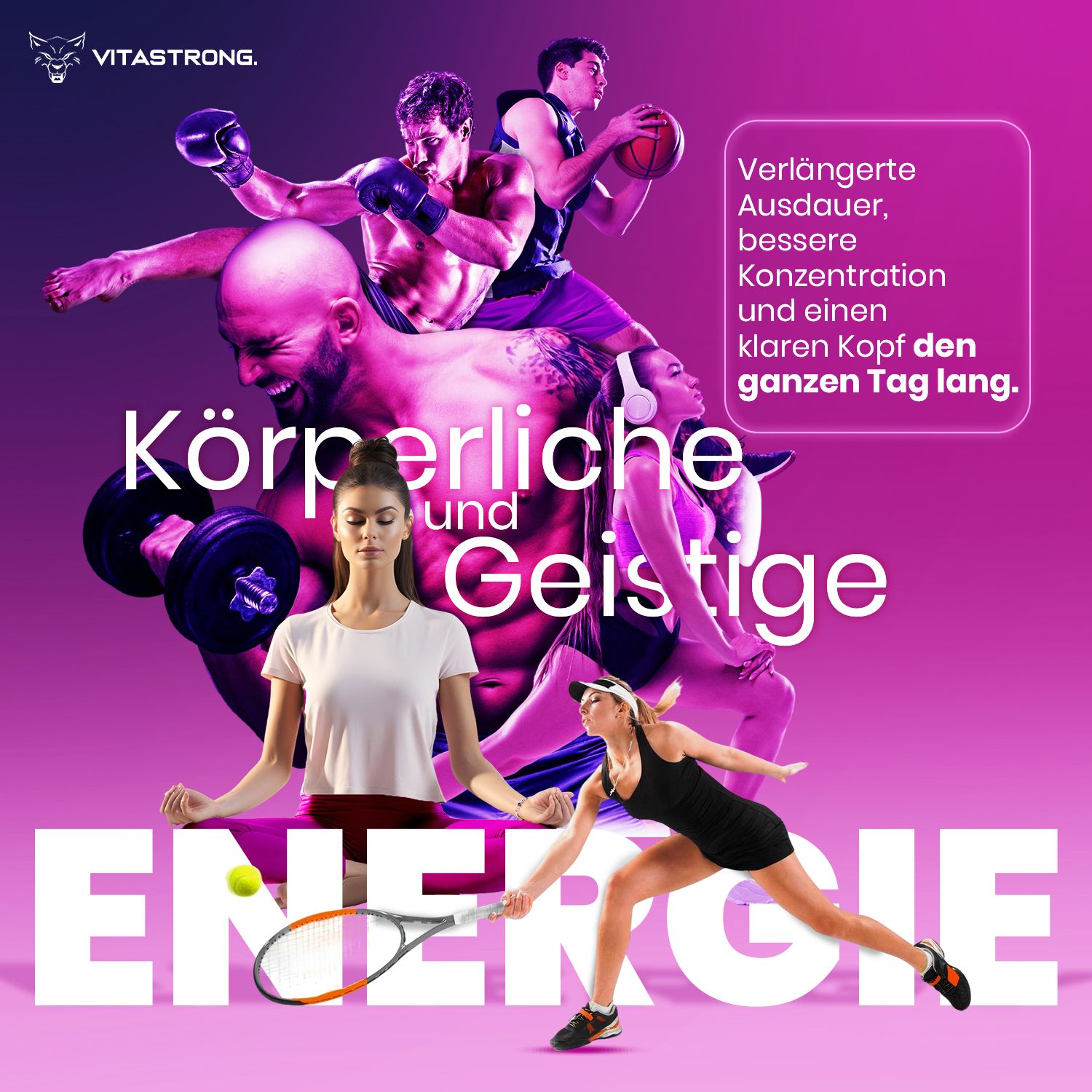 Vitastrong Energy Berries. Sportler-Collage. Text: Körperliche und geistige Energie. Blaubeeren.
