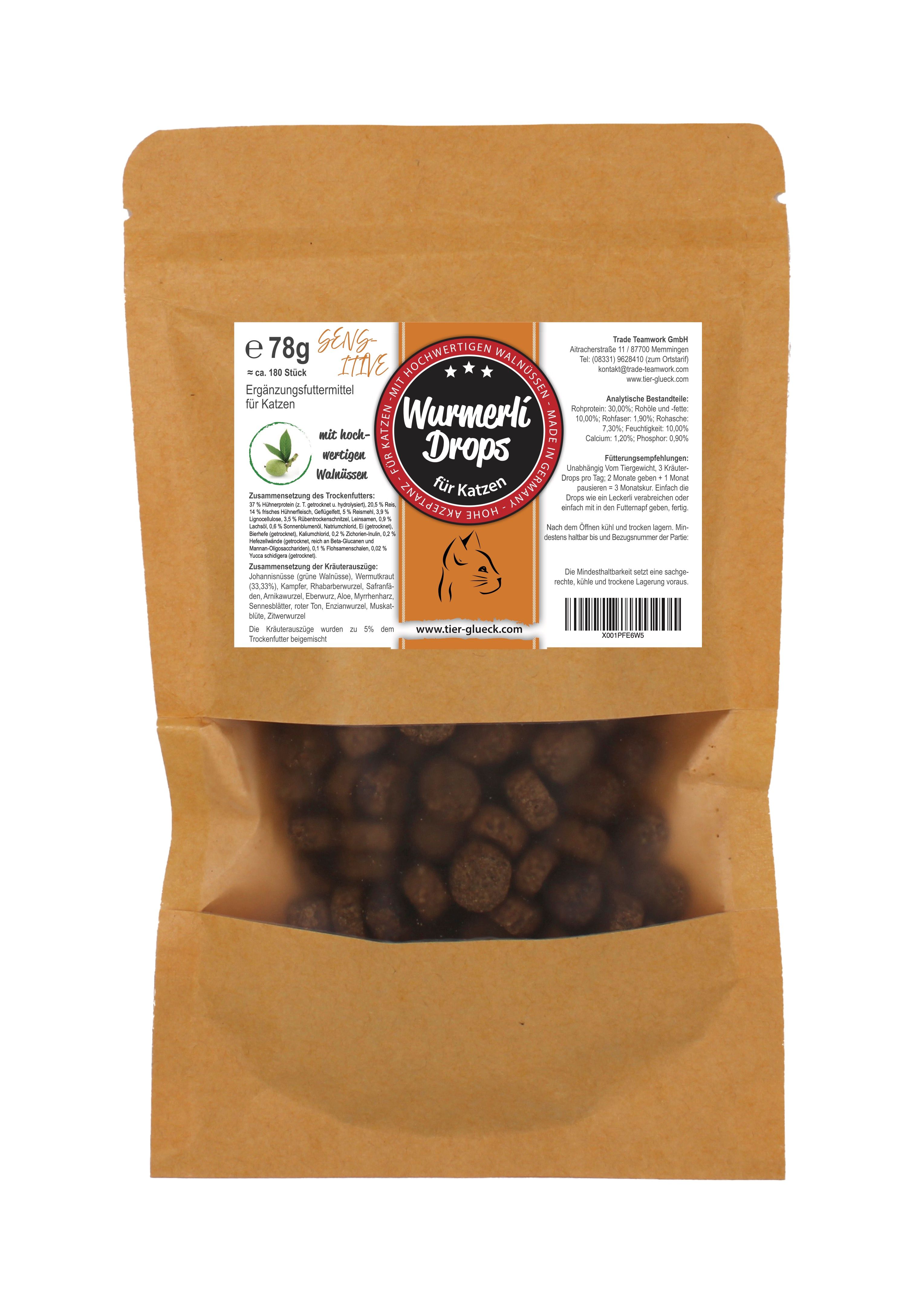 TierGlück Wurmerli Drops Sensitive – Katzen-Leckerlis mit Walnuss, Wermut & Angelika 78 g Futter
