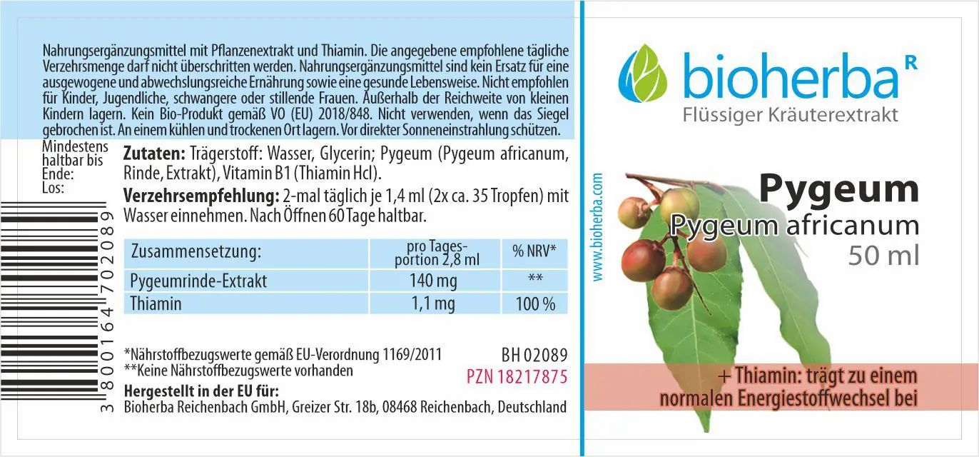 Etikett mit "Bioherba"-Logo, "Pygeum" und "Pygeum africanum"-Schriftzug. Enthält Informationen zu Inhaltsstoffen und Dosierung.