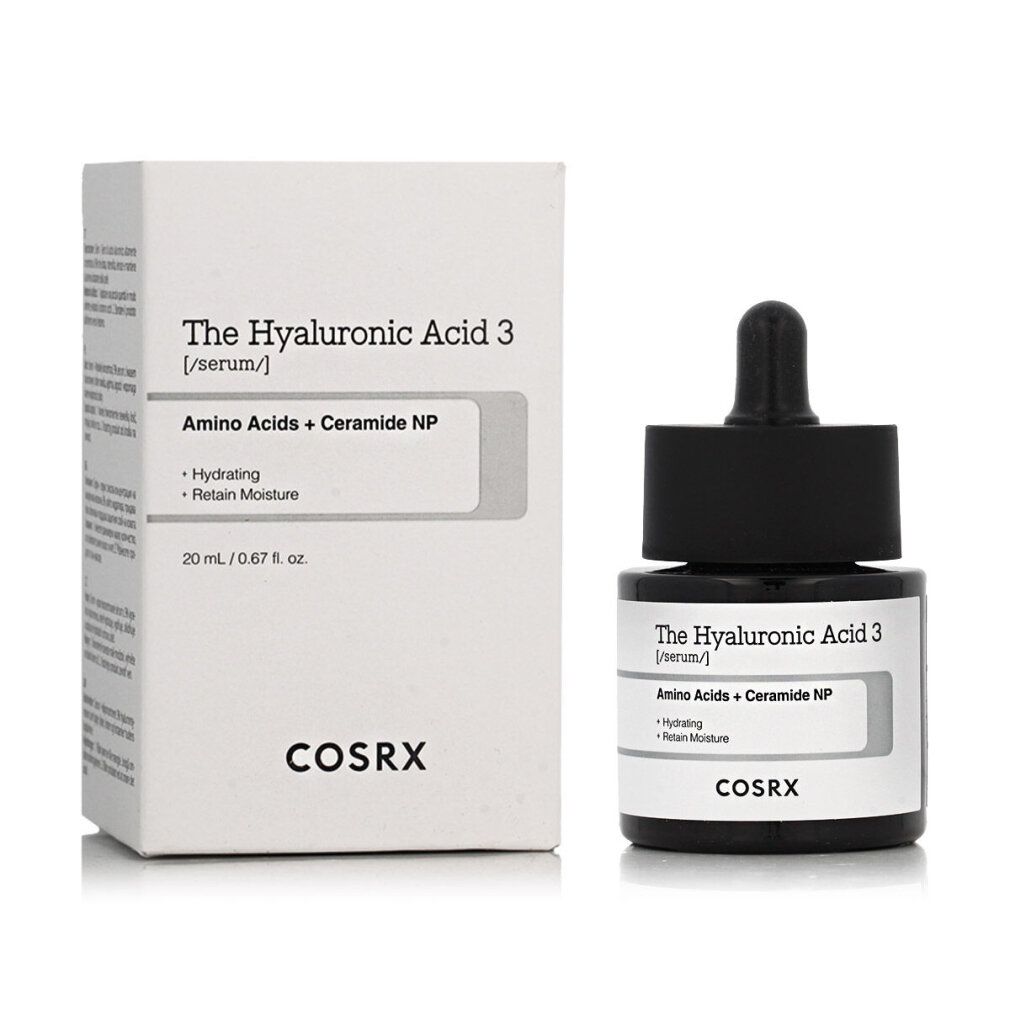 Produktverpackung und Serumflasche mit Pipette. Aufschrift: The Hyaluronic Acid 3. Marke: COSRX. Volumen: 20 ml.