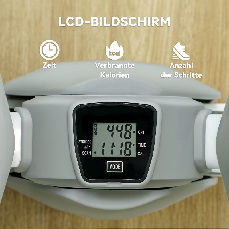Mini-Stepper. LCD-Bildschirm. Zeigt Zeit, Kalorien und Schritte an. Schwarzer Rahmen, graue Tasten. Text: LCD-Bildschirm.