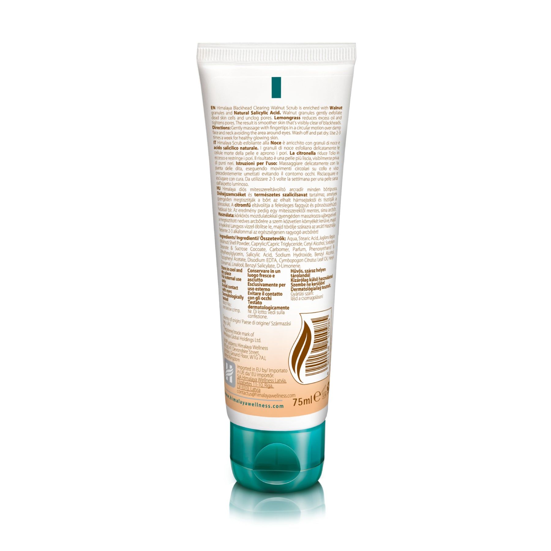Himalaya Blackhead Clearing Walnuss Peeling Gel, 75ml Tube. Rückseite mit detaillierten Anwendungsinformationen und Inhaltsstoffen.