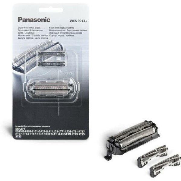 Panasonic Schermesser und Scherfolie in Blisterverpackung. Edelstahl-Scherfolie und Klingen. Produktname und Modellnummer sichtbar.