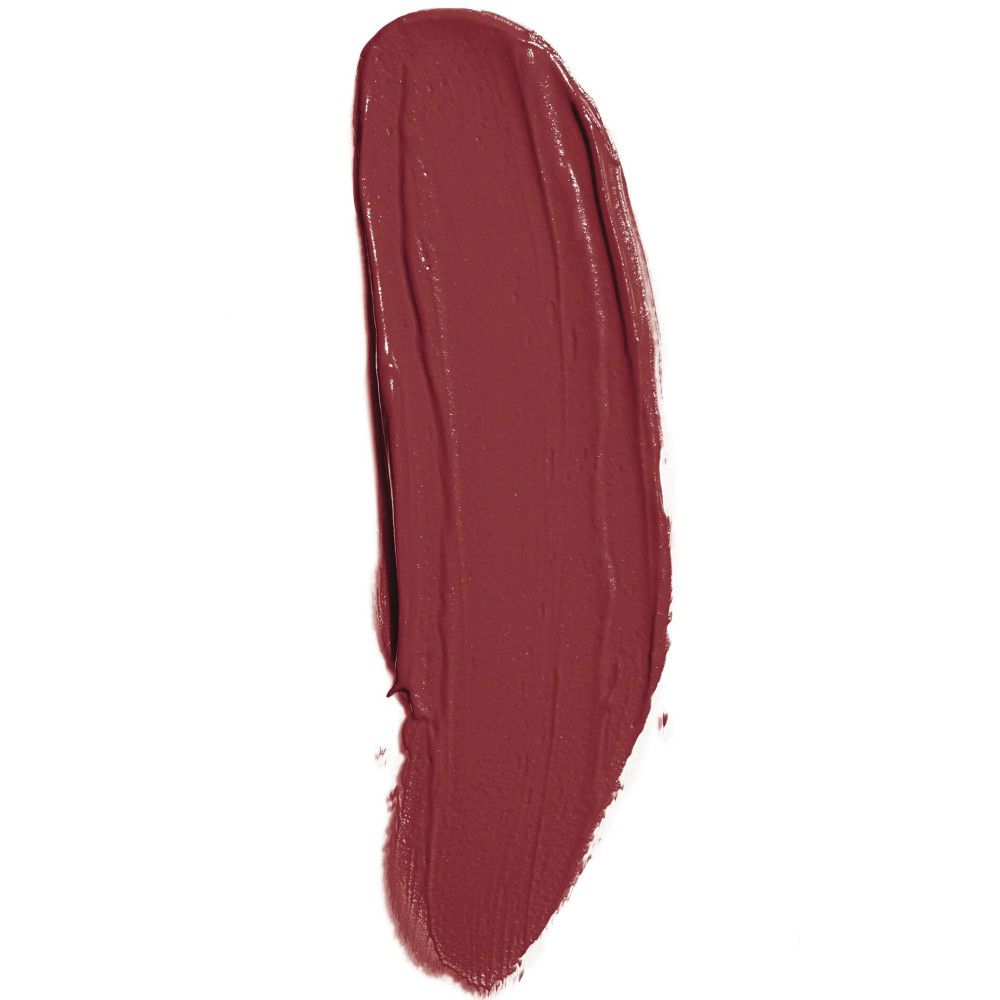 Ein einzelner, dunkelroter Lipgloss-Strich auf weißem Hintergrund. Die Textur ist matt.