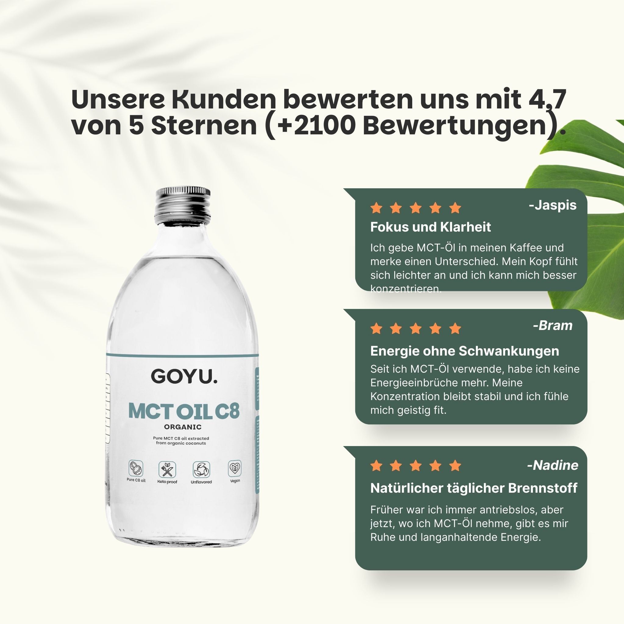 GOYU MCT Oil C8. Glasflasche. Kundenbewertungen: 4,7/5 Sterne. Fokus, Energie, täglicher Brennstoff.