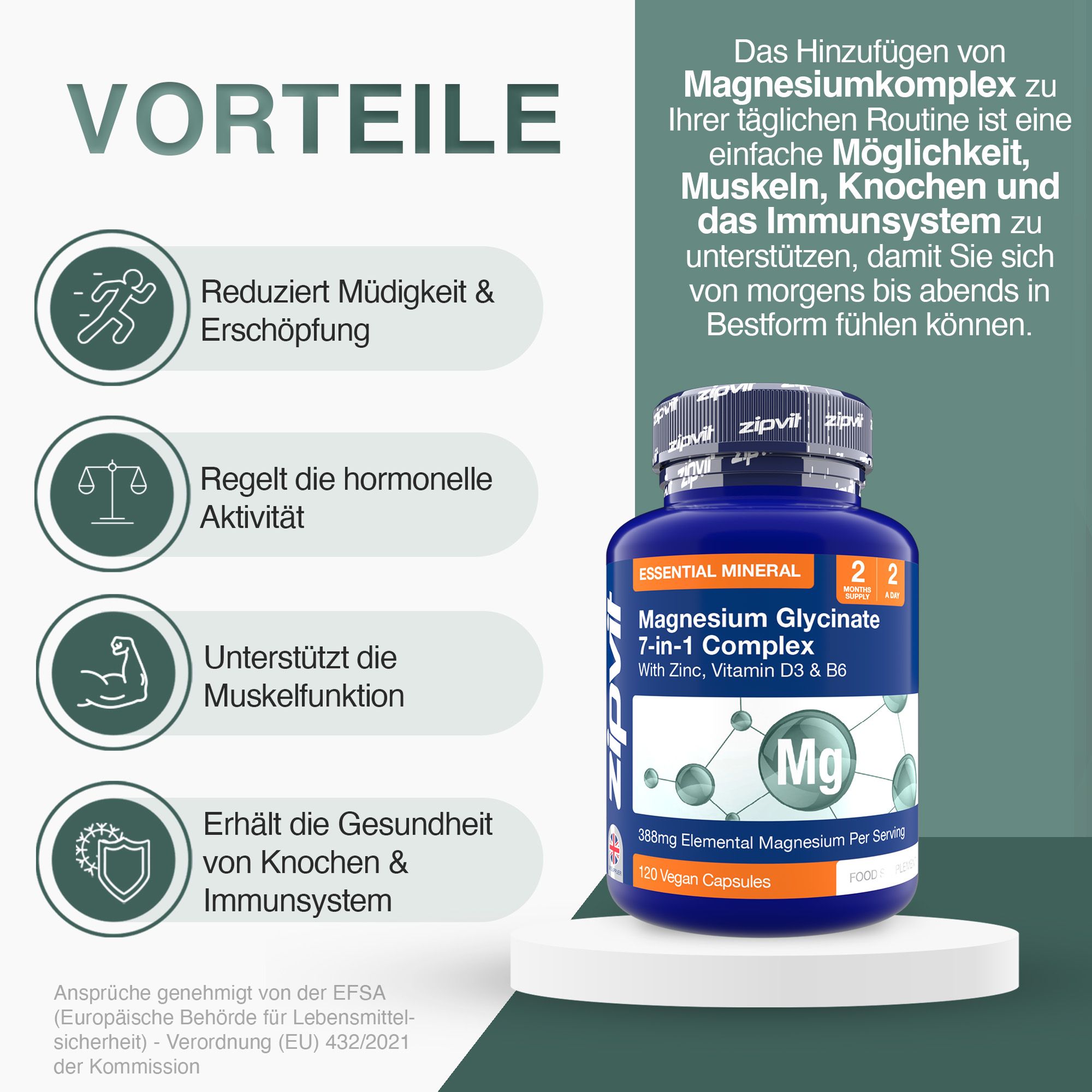Blaue Flasche mit Magnesium Glycinat. Text: Vorteile, reduziert Müdigkeit, regelt Hormone, unterstützt Muskelfunktion, erhält Knochen & Immunsystem.