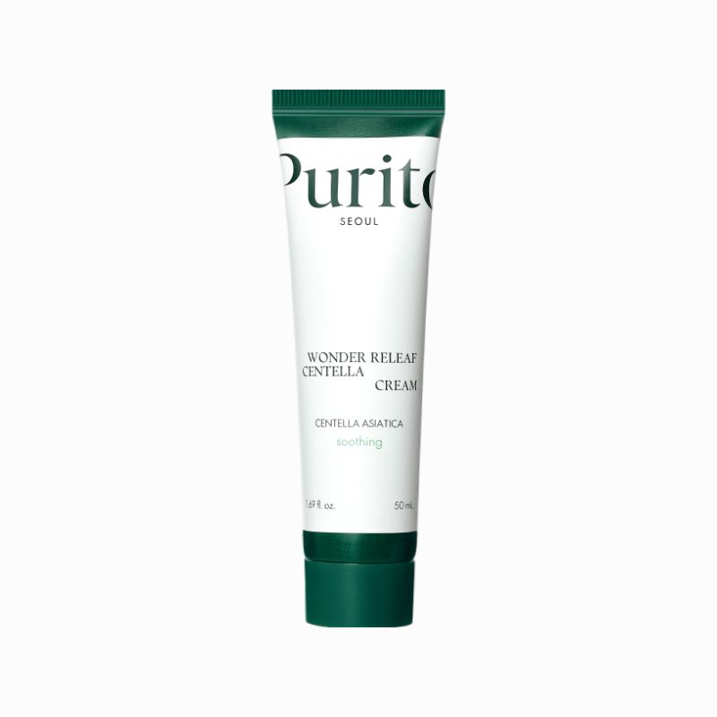 Weiße Tube mit grünem Deckel. Aufschrift: PURITO, Wonder Releaf Centella Cream. Text: Centella Asiatica, soothing.
