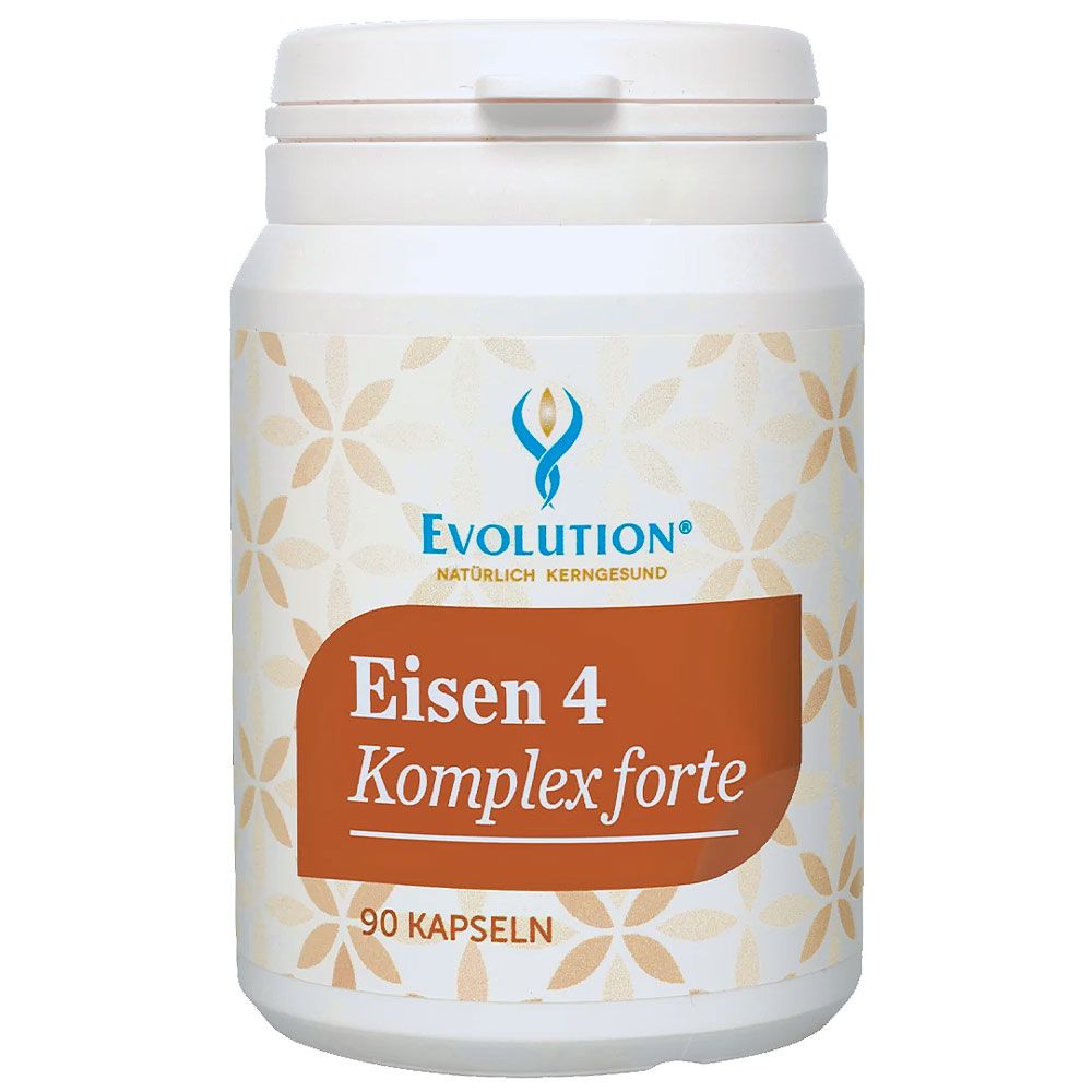Weiße Dose mit Etikett. Schriftzug: Evolution Eisen 4 Komplex forte. 90 Kapseln.