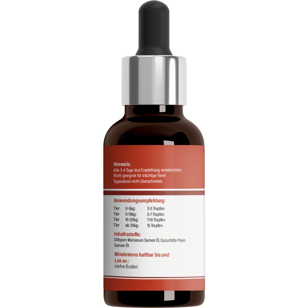 Rückseite der braunen Glasflasche. Etikett mit Text, Dosierungsempfehlungen und Inhaltsstoffen. Tropfer oben.