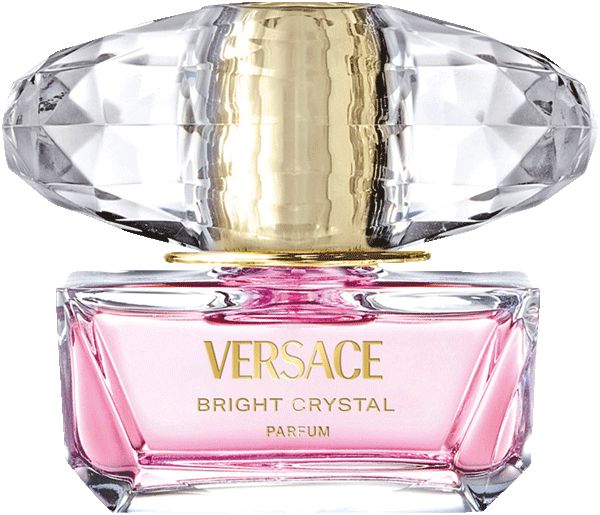 Flakon mit rosa Flüssigkeit und Kristallverschluss. Auf dem Flakon steht "Versace Bright Crystal Parfum".