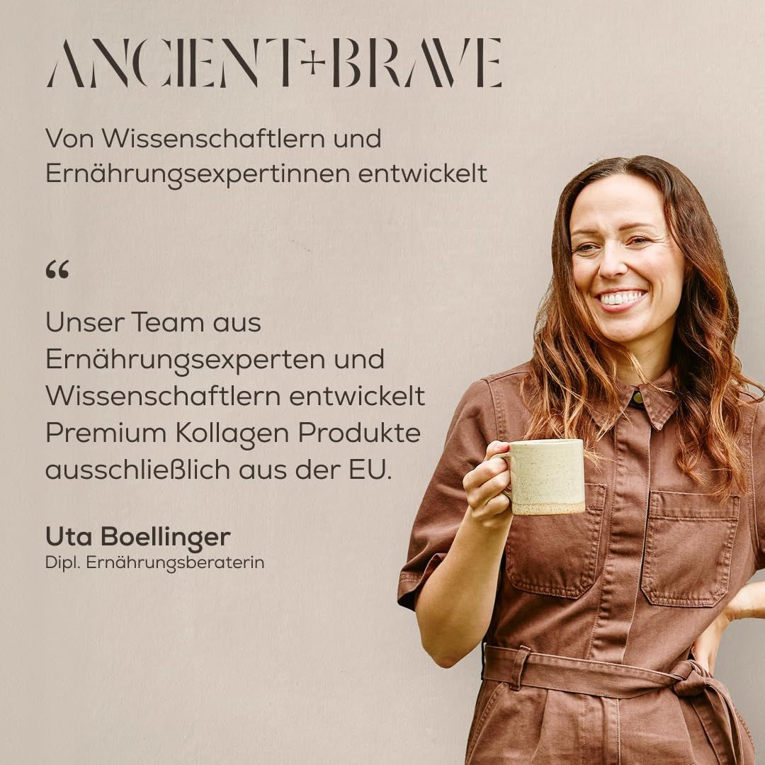 Ernährungsberaterin hält eine Tasse. Text über die Entwicklung durch Experten.