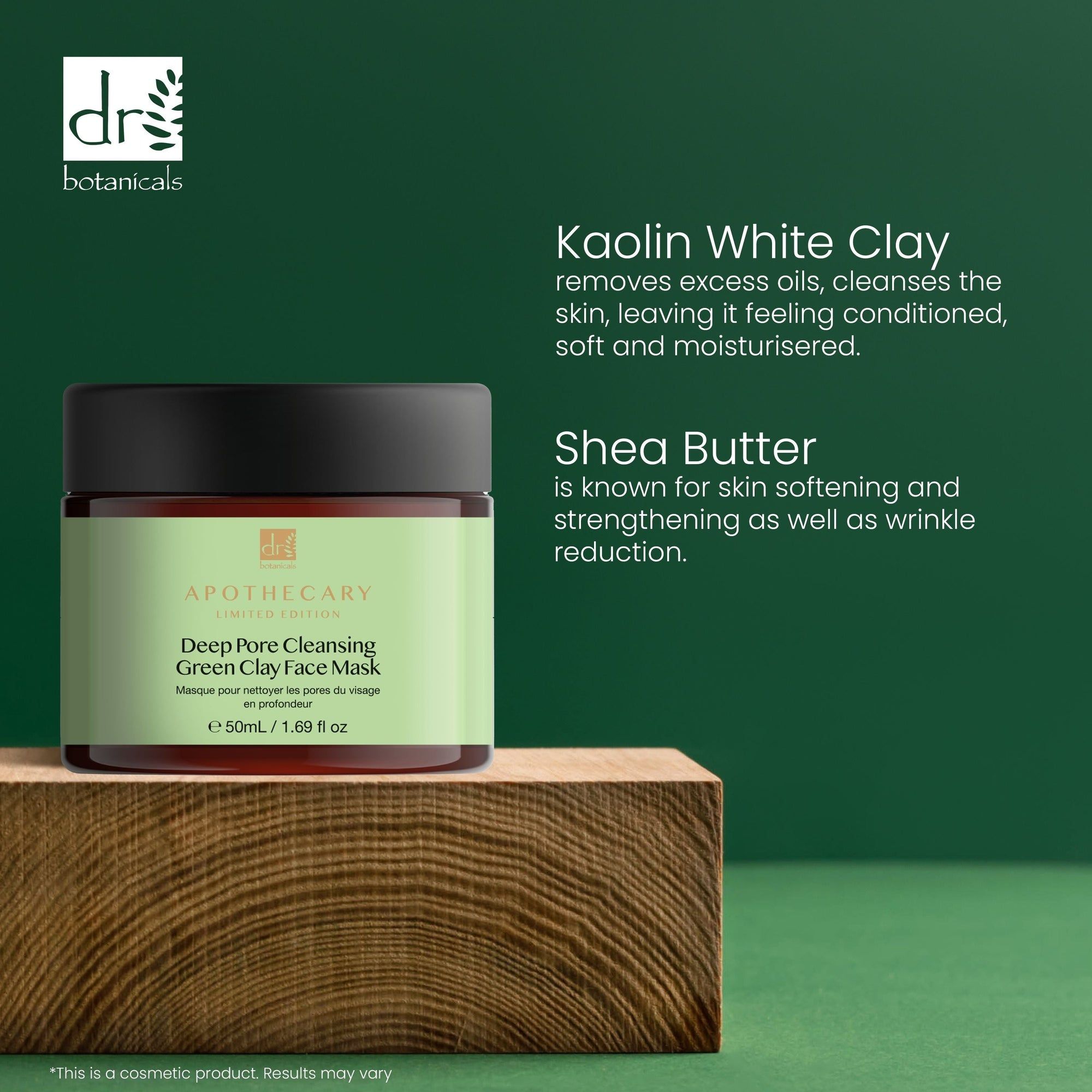 Gesichtsmaske auf Holzblock. Text: Kaolin White Clay, Shea Butter. Produkt mit schwarzem Deckel und grüner Beschriftung.