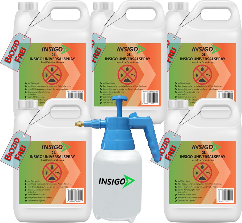 Mehrere Kanister und eine Sprühflasche. Auf den Kanistern steht "INSIGO UNIVERSALSPRAY" und "BIOZID FREI".