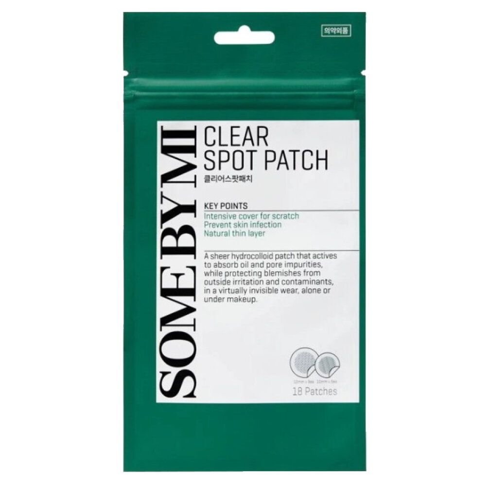 Eine SOMEBYMI Clear Spot Patch Verpackung mit detaillierter Vorderseite, die Schlüsselpunkte und 18 Patches zeigt.