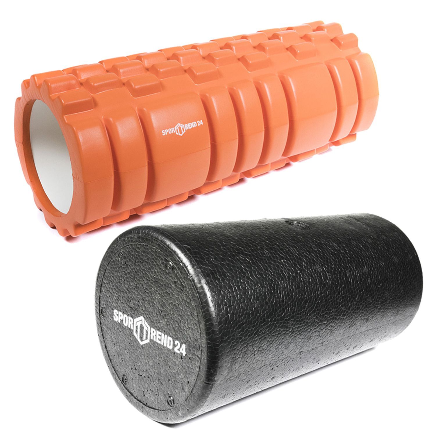 Zwei Faszienrollen. Oben orange mit Noppen, unten schwarz glatt. Beide mit Sporttrend24 Logo.