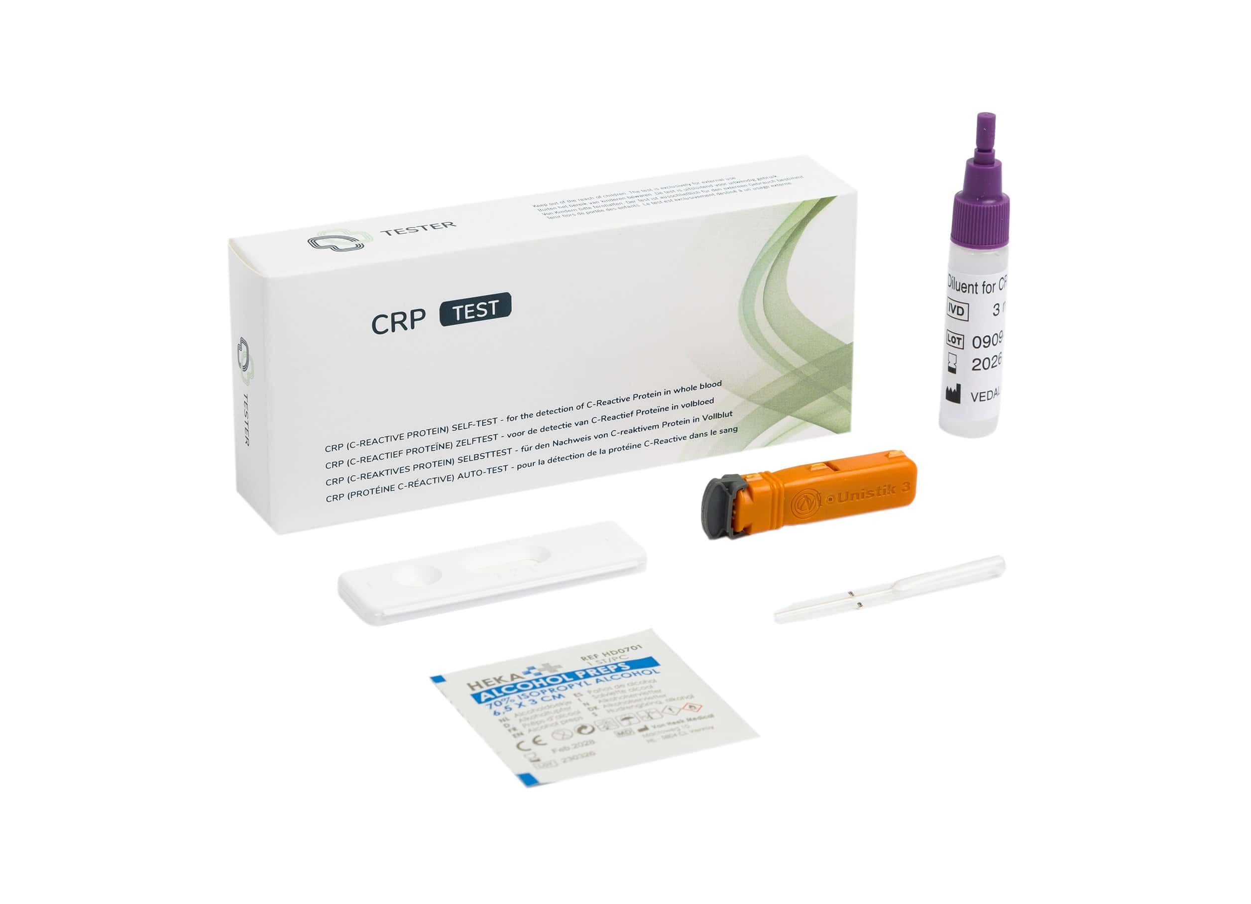 CRP Schnelltest-Kit mit Testkassette, Lanzette, Alkoholtupfer und Probenröhrchen.