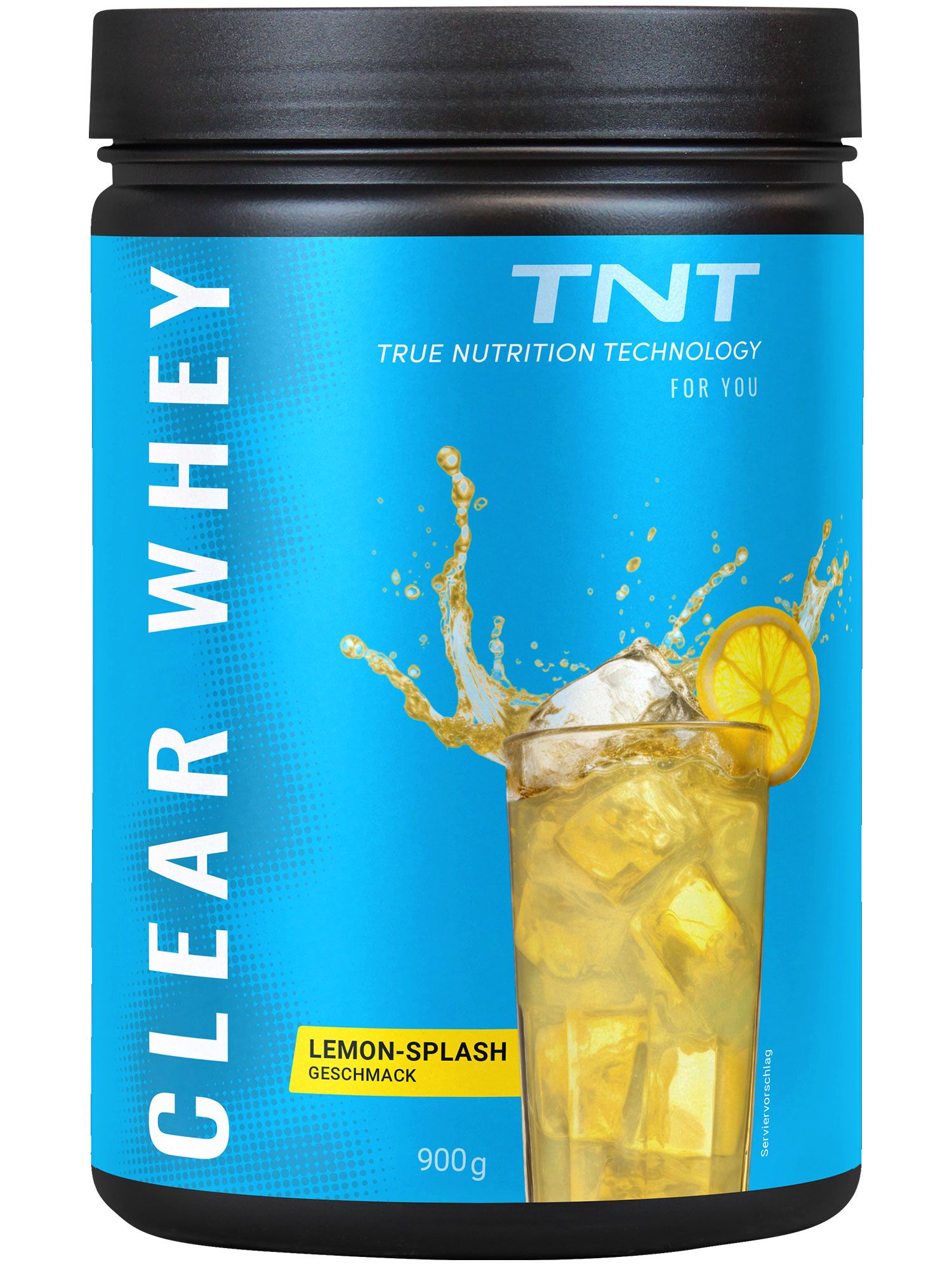 Blaue Dose TNT CLEAR WHEY, Zitrone-Splash-Geschmack. Schwarzer Deckel, weißer Schriftzug. 900g.