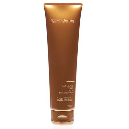 Braune Tube mit Academie-Logo und Aufschrift Lait Solaire Corps. LSF 30 UVA/UVB.