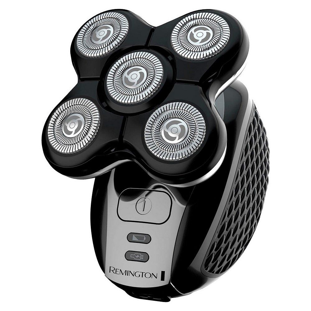 Schwarzer Remington XR 1500 Rasierer mit fünf rotierenden Scherköpfen, silbernen Akzenten und geriffeltem Griff.