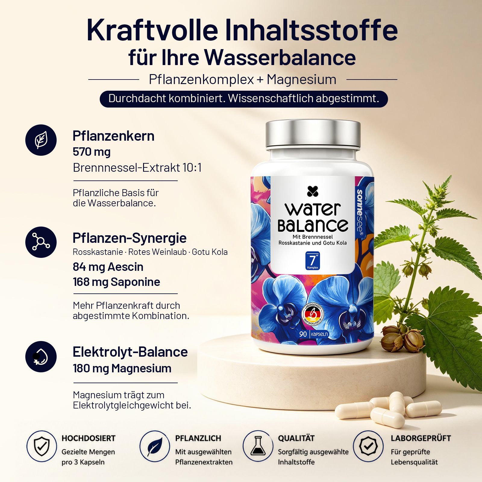 SonneSee Wasser Balance: Kraftvolle Inhaltsstoffe, Pflanzenkomplex + Magnesium, wissenschaftlich abgestimmt.