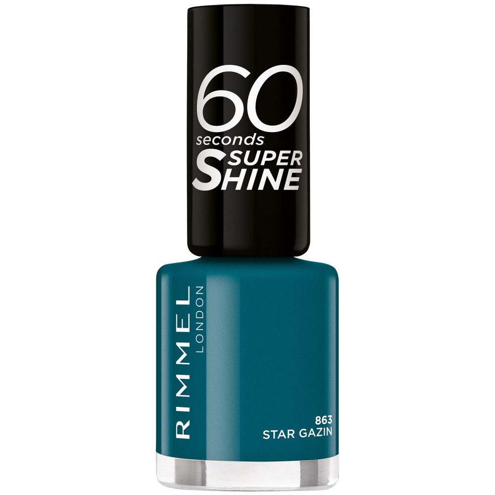 Nagellackflasche, blaugrün, mit schwarzem Deckel. Auf dem Deckel steht "60 seconds SUPER SHINE". Auf der Flasche steht "RIMMEL LONDON".