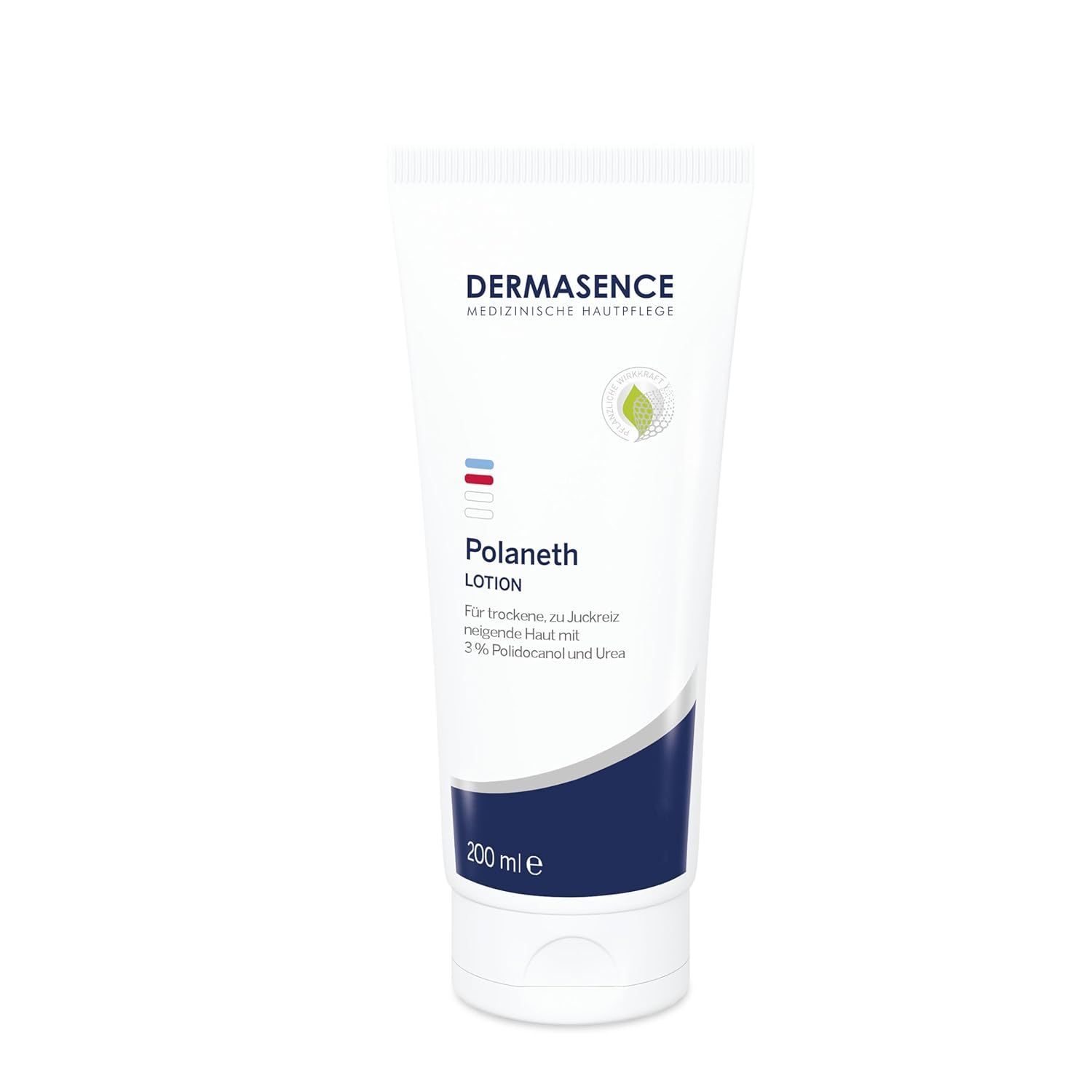 DERMASENCE Polaneth Lotion, Tube. Text: Für juckende, reizende Haut mit 3% Polidocanol und Urea. 200 ml. Logo: Medizinische Hautpflege.