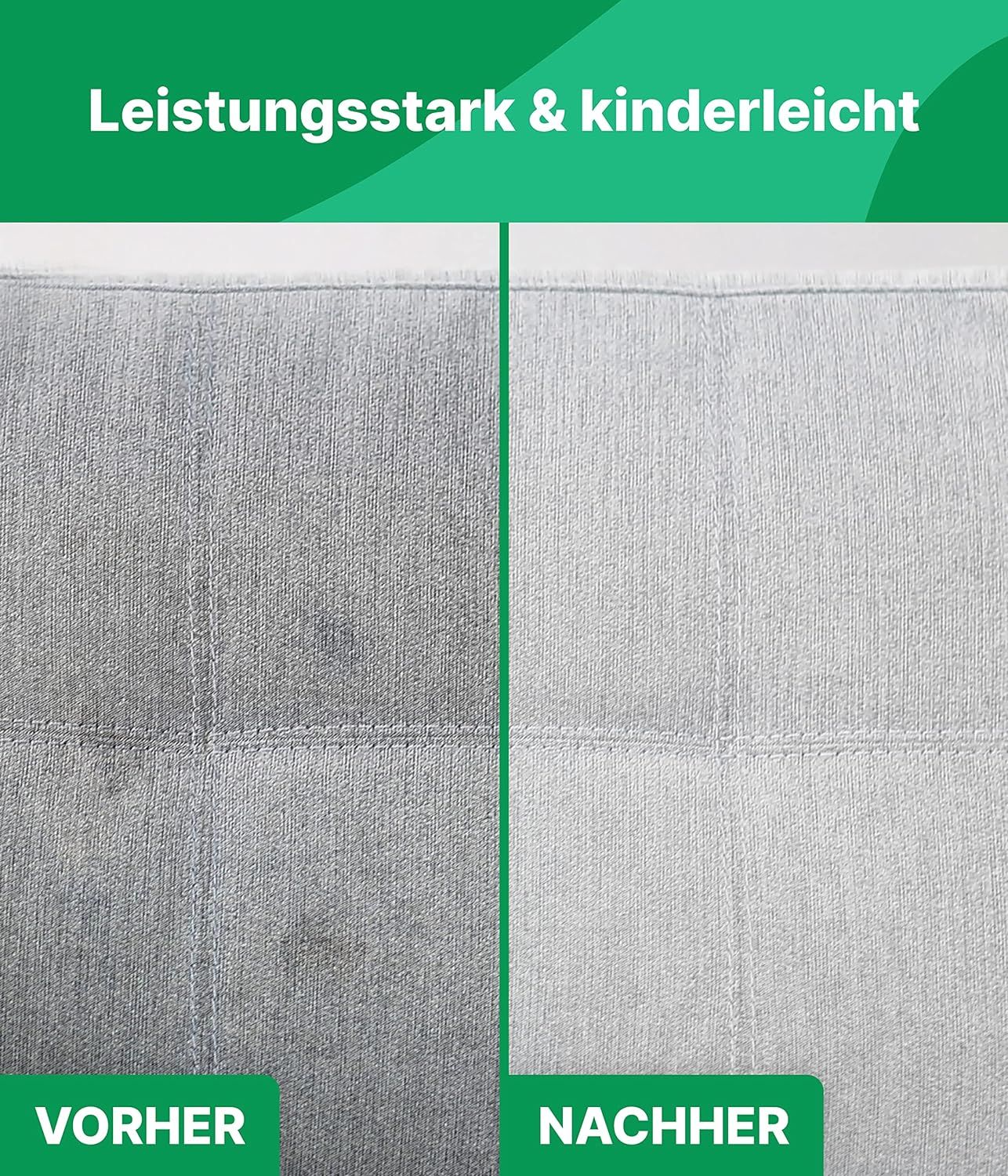 Vorher-Nachher-Vergleich. Stoffmuster mit Flecken, dann gereinigt. Text: Vorher, Nachher. Produkt: Polsterreiniger.