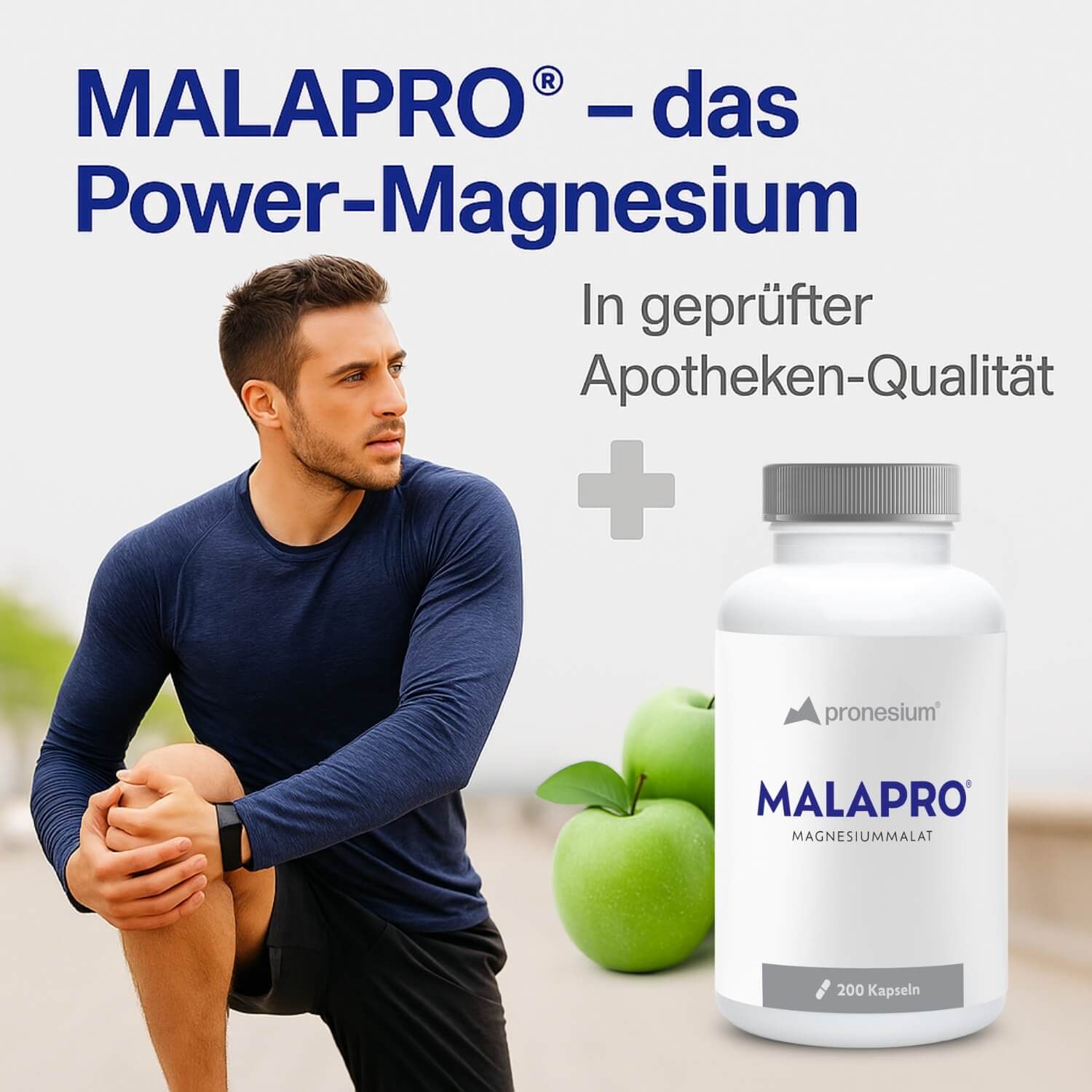 Mann beim Dehnen, Flasche MALAPRO, grüne Äpfel. Text: MALAPRO - das Power-Magnesium, in geprüfter Apotheken-Qualität.