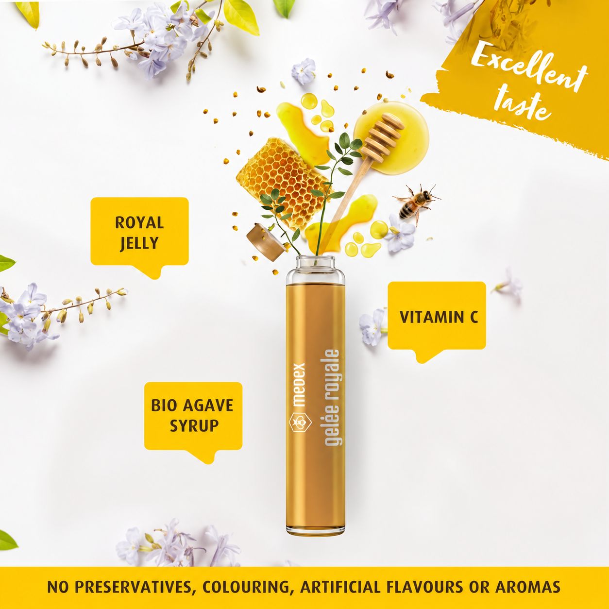 Goldene Ampulle mit Medex Gelée Royale, umgeben von Honigwaben, Bienen und Blüten.