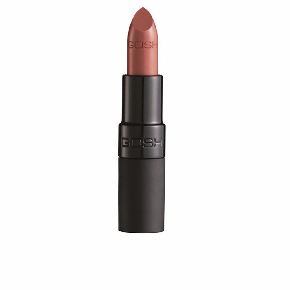 Lippenstift, mattes Finish, Farbe Zimt. Schwarze Hülse mit GOSH-Logo. Geöffnet, Stift sichtbar.