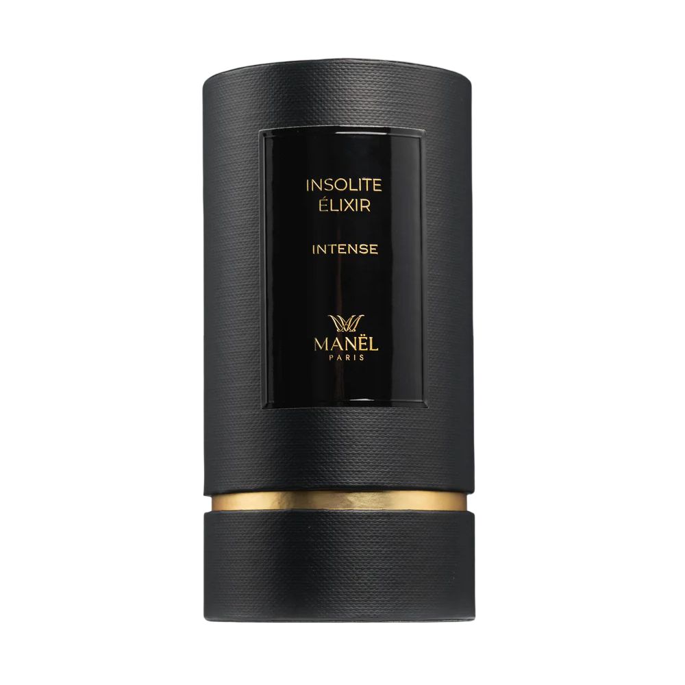 Zylindrische, schwarze Verpackung mit goldfarbenen Details. Aufschrift: Insolite Elixir Intense, Manel Paris.