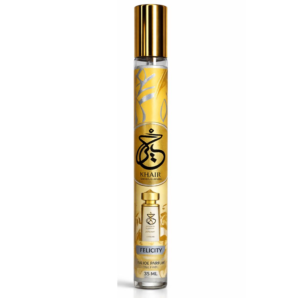 Zylindrische Flasche mit goldenem Deckel. Aufschrift 'Khair Felicity Eau de Parfum'.
