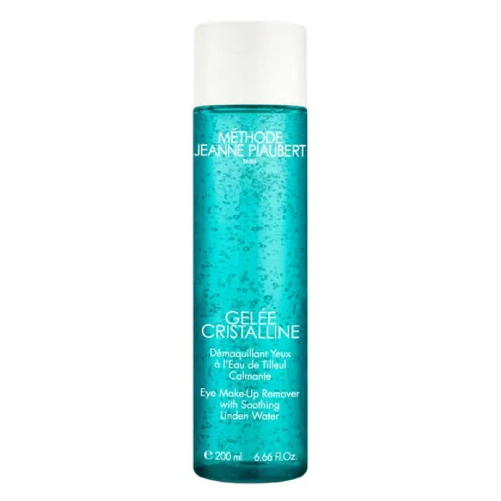 Zylindrische Flasche mit blauem Inhalt und weißem Deckel. Beschriftung: Gelée Cristalline, Eye Make-Up Remover.