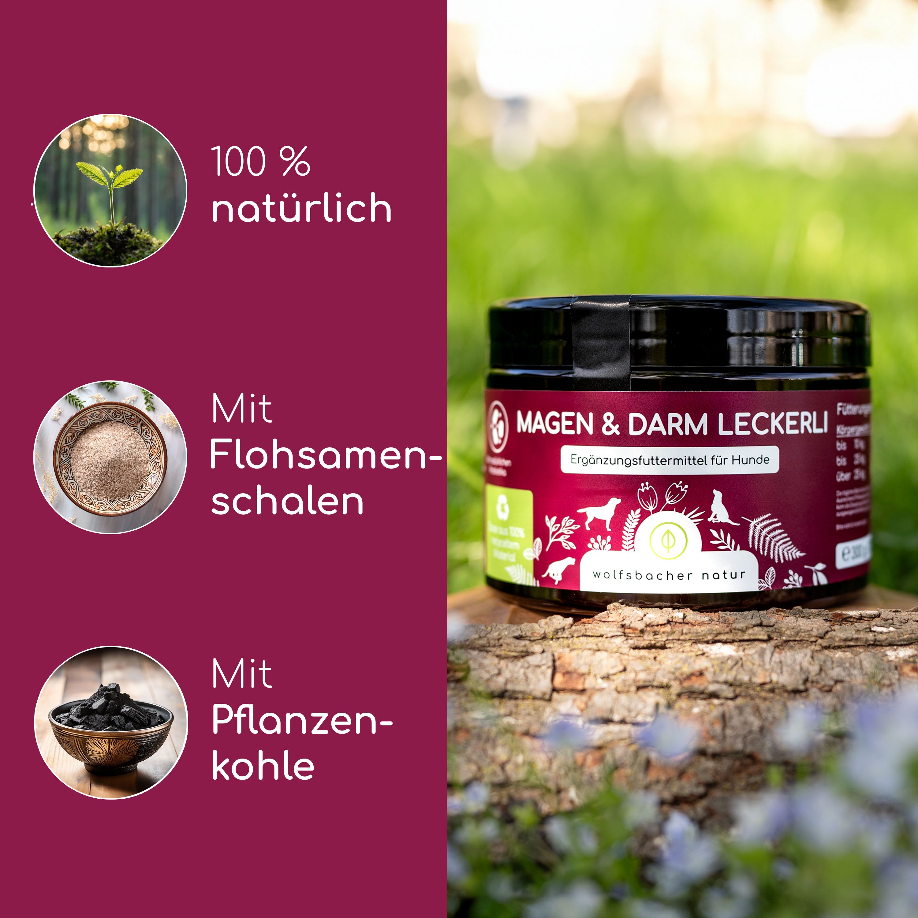 Dose mit rotem Etikett, Aufschrift: Magen & Darm Leckerli. Ergänzungsfuttermittel für Hunde. Grafiken: Flohsamenschalen, Pflanzenkohle, 100% natürlich.