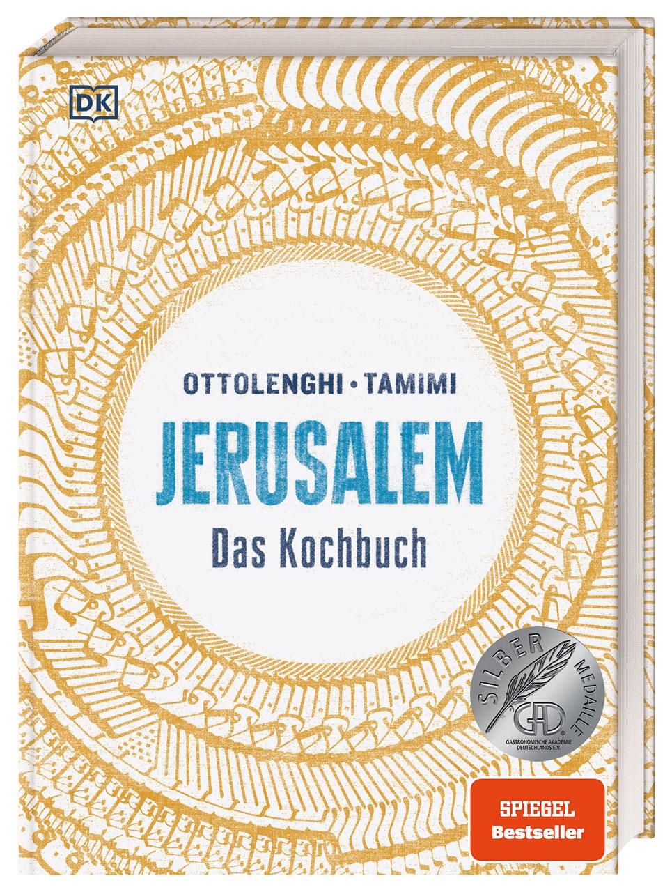 Buchcover von Jerusalem Das Kochbuch. Titel in Blau, Autoren Ottolenghi und Tamimi. Auszeichnung Silber Medaille. SPIEGEL Bestseller.