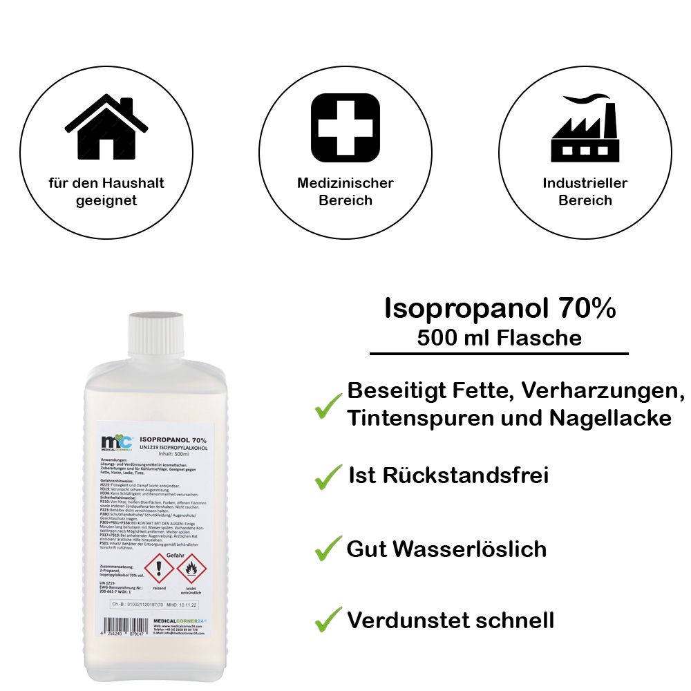 Isopropanol 70% 500ml Flasche mit Icons für Haushalt, Medizin und Industrie, sowie Anwendungsbeispielen.