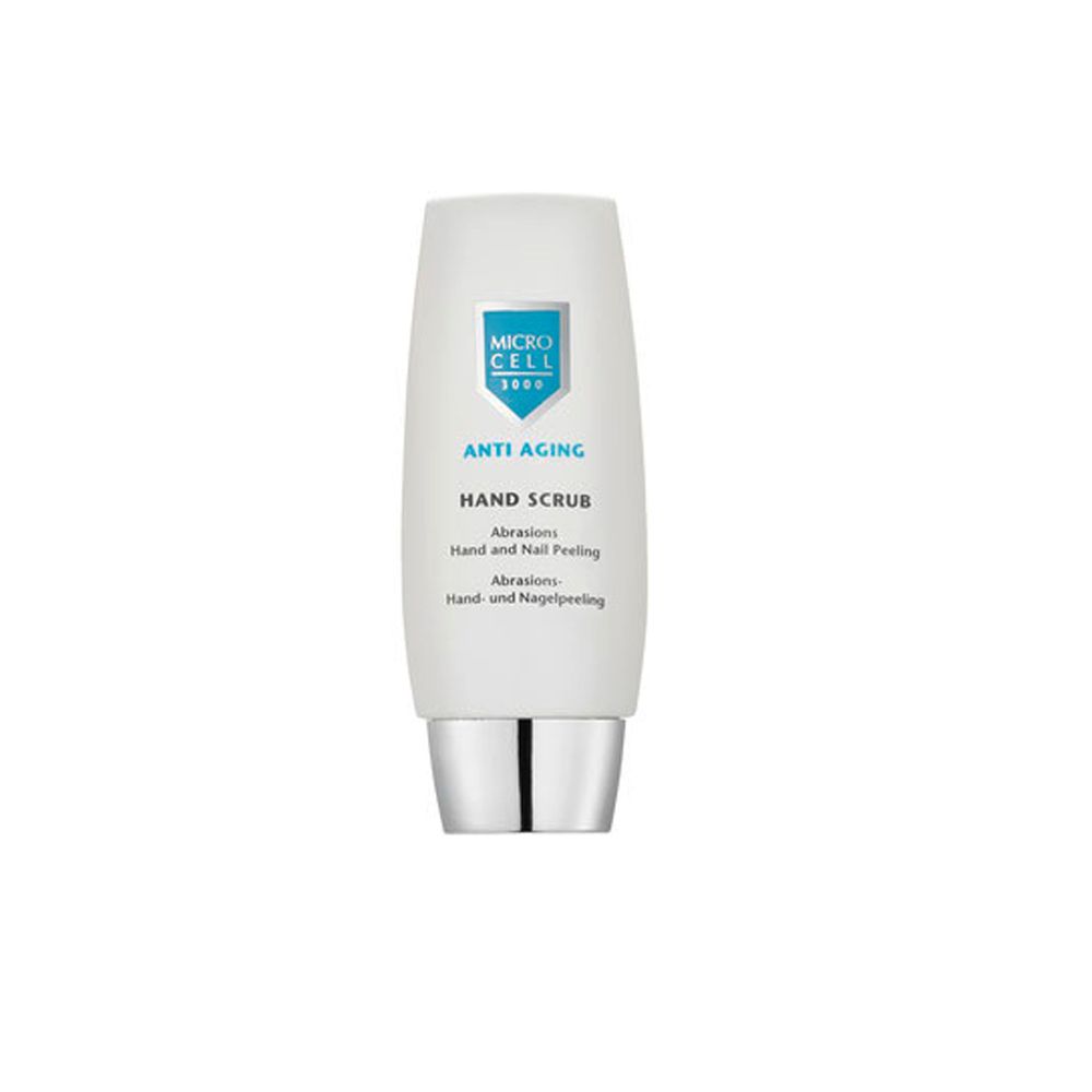 Weiße Tube mit silbernem Verschluss. Aufschrift: Micro Cell 3000, Anti Aging, Hand Scrub. Text in Deutsch und Englisch.