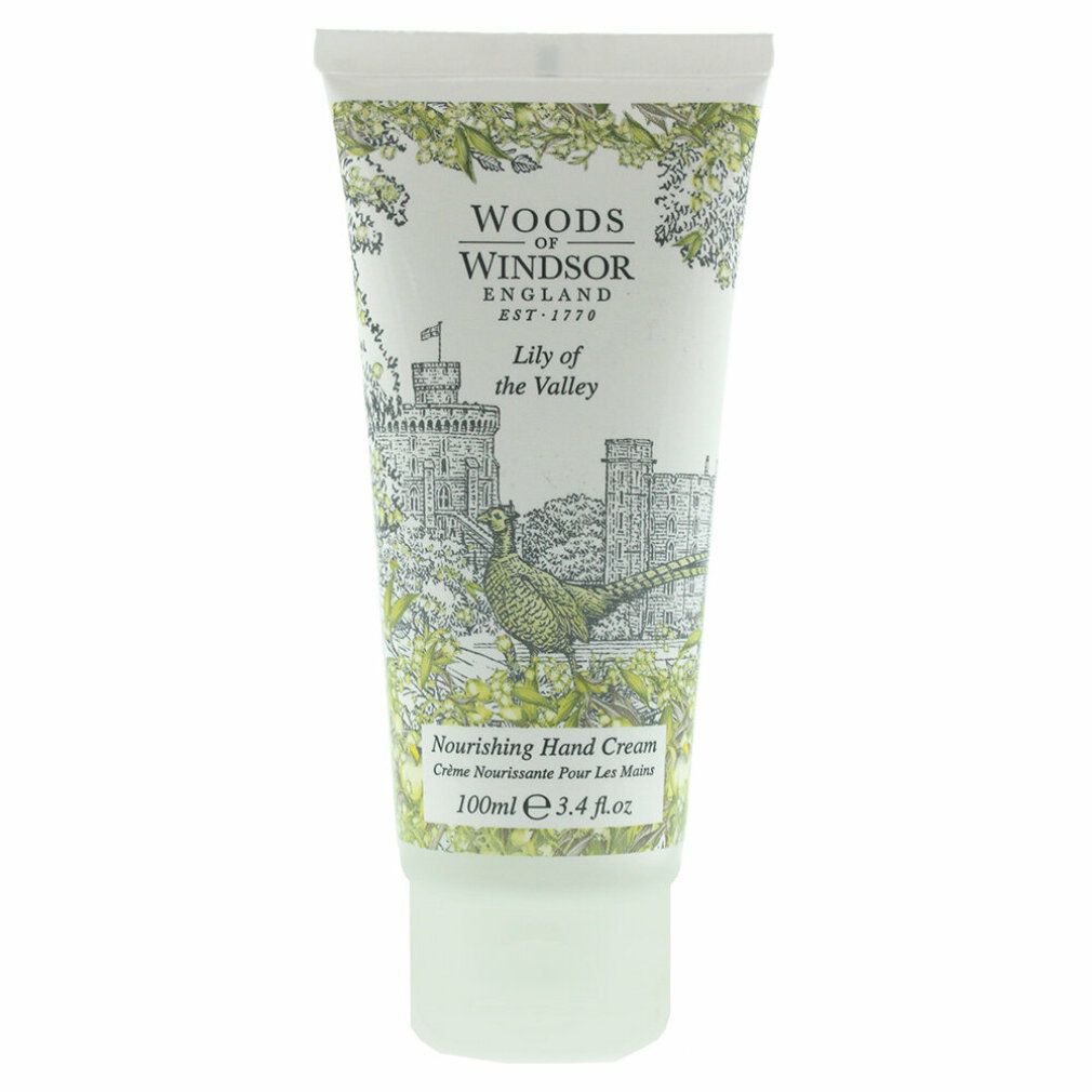 Creme-Tube. Marke Woods of Windsor. Illustration von Schloss und Blättern. Text: Nourishing Hand Cream. 100ml.