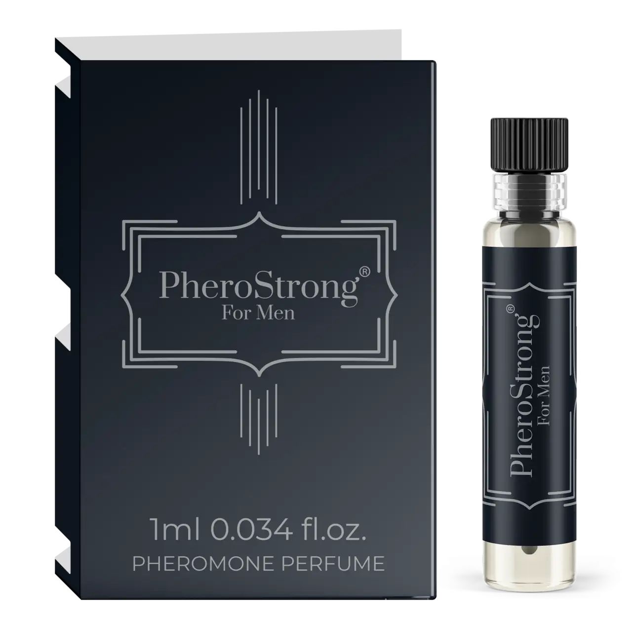 PheroStrong For Men. Flakon und Verpackung. Schwarze Verpackung mit Logo und Schriftzug. Flakon mit schwarzem Verschluss.