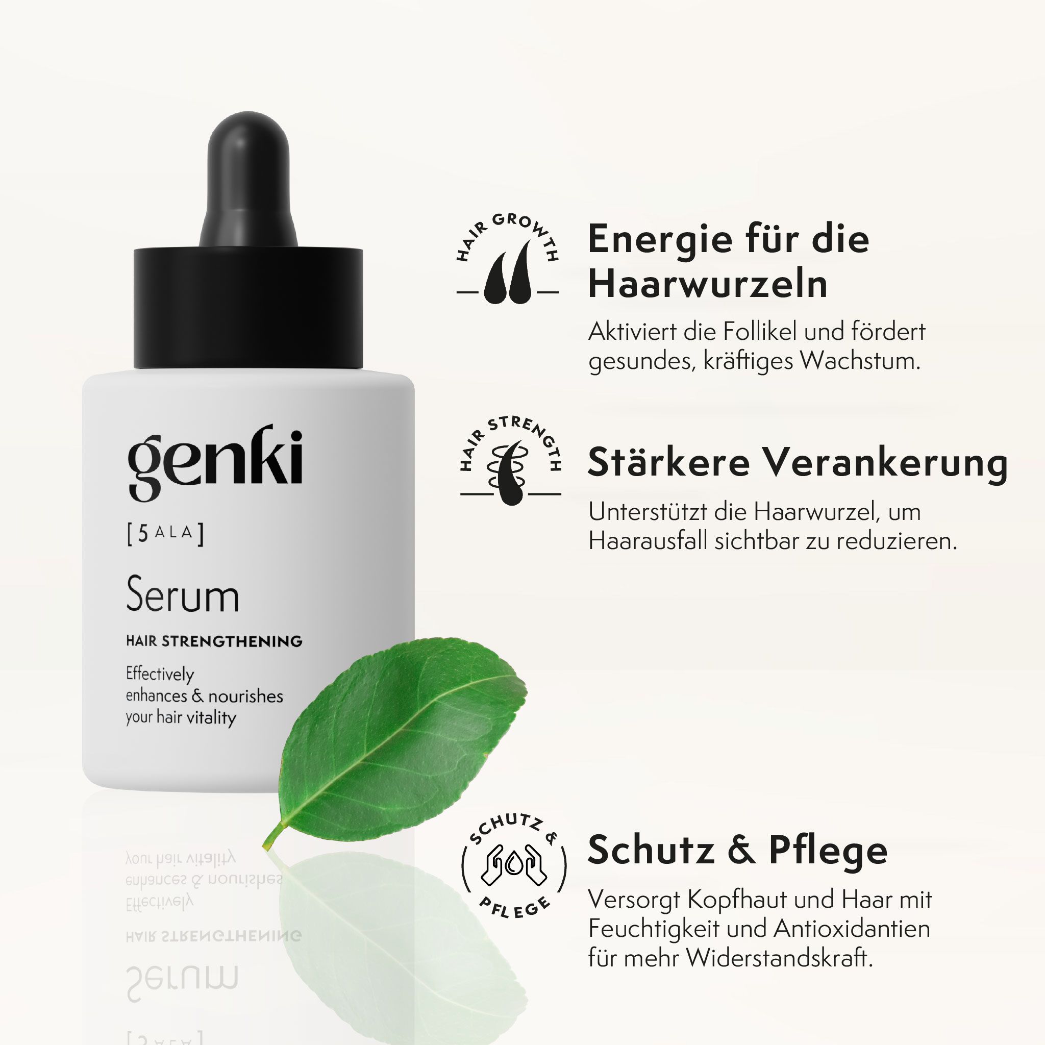 Flasche mit Serum und Infografiken. Texte: Energie für Haarwurzeln, stärkere Verankerung, Schutz & Pflege. Aufschrift: Genki.
