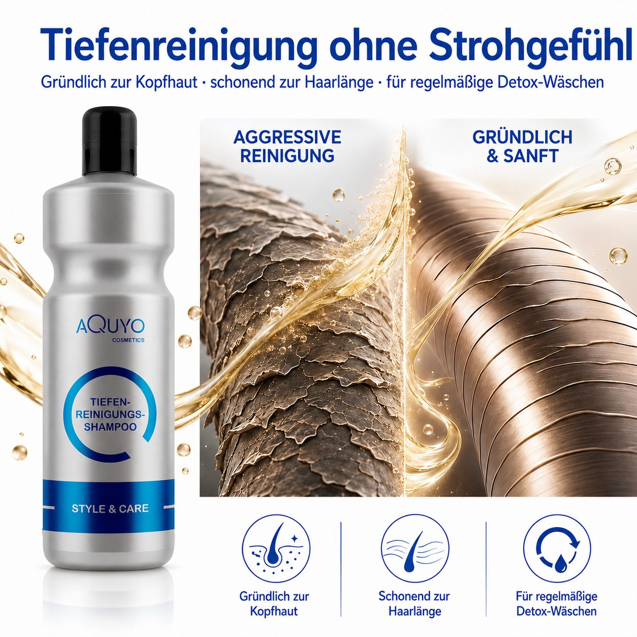 Silberne Shampoo-Flasche mit schwarzem Deckel. Text: Tiefenreinigungs-Shampoo, Style & Care. Illustration von Haarsträhnen.