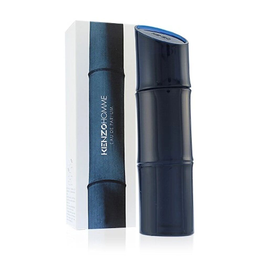 Dunkelblauer Flakon und Verpackung. Flakon in Bambusform. Verpackung mit blauem Bambusmuster und Text.